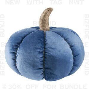 Blue Velvet Pumpkin Pillow For Fall Decoration, Faux Jute Stem